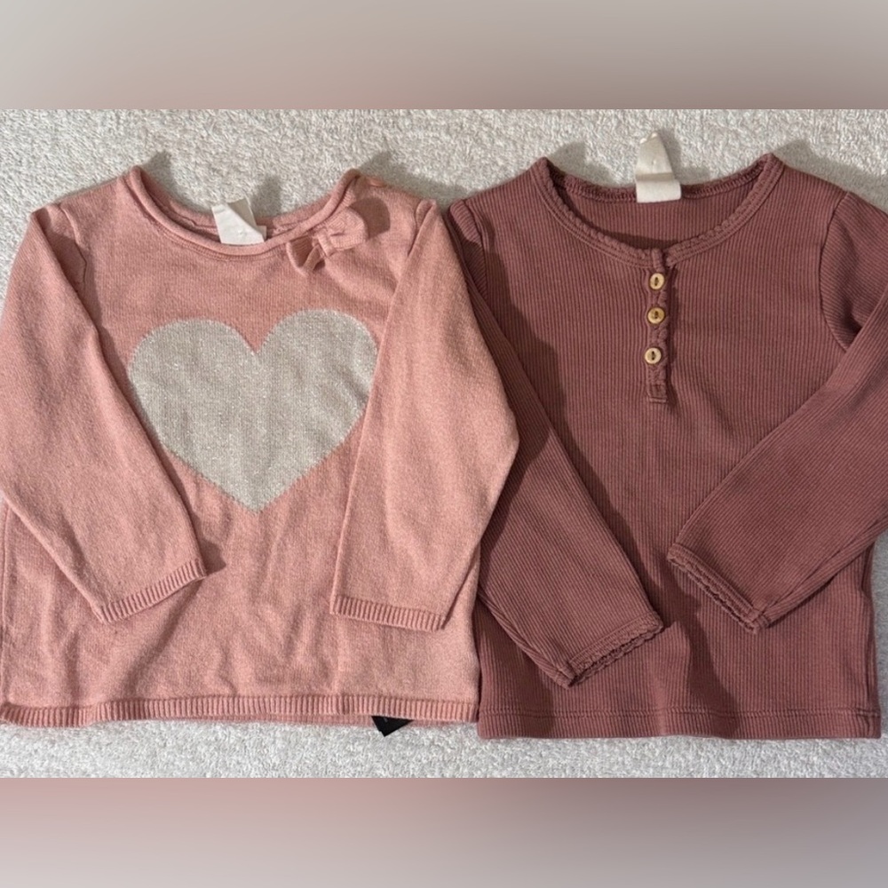 H&M Pink/Mauve Long Sleeve Heart Bow Sweater & Henley Set of 2 tops